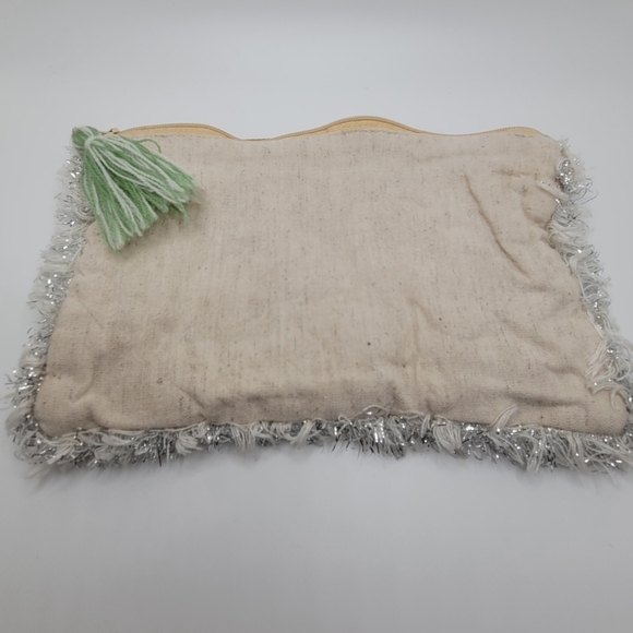 Fringe Beaded Sequins Tassle Cream Makeup Bag or Clutch Metallic Cotton Linen - Picture 3 of 9